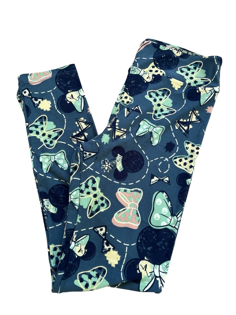 LuLaRoe Disney Navy Leggings with Mint & Light Pink Bow Print One Size
